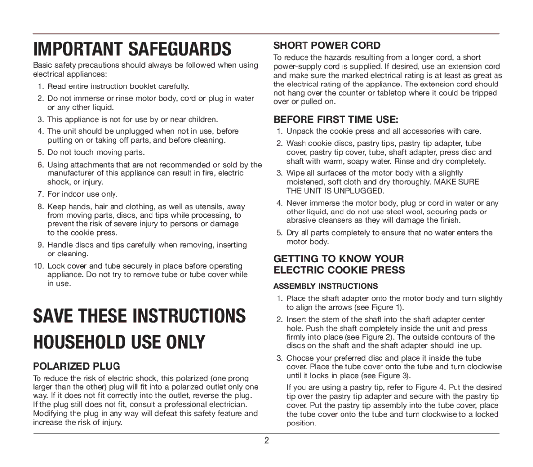 Cuisinart CCP-10 manual Before First Time Use, Getting to Know Your Electric Cookie Press, Assembly Instructions 