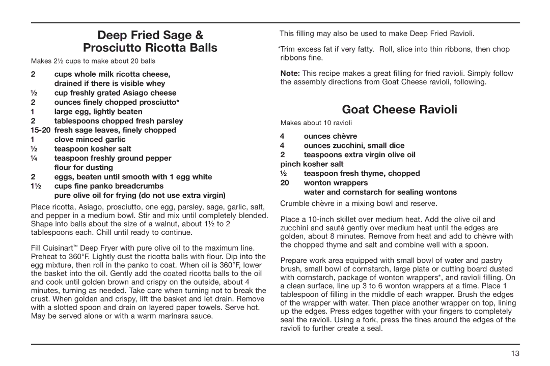 Cuisinart CDF-100 manual Deep Fried Sage Prosciutto Ricotta Balls, Goat Cheese Ravioli 