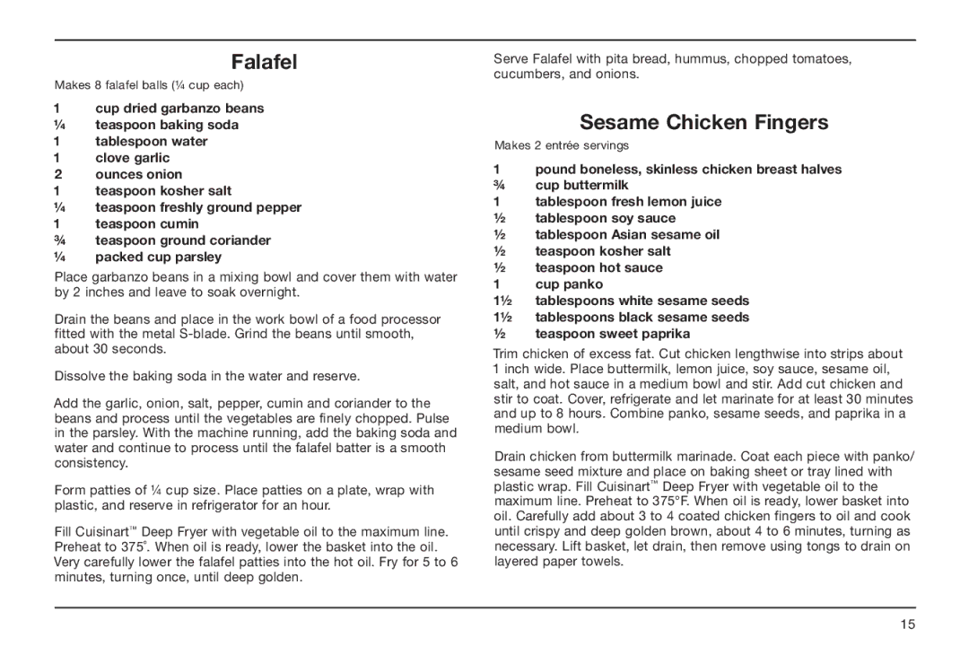 Cuisinart CDF-100 manual Falafel, Sesame Chicken Fingers 