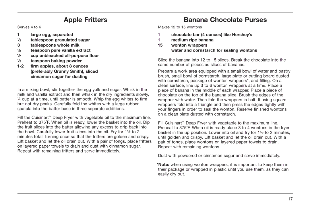 Cuisinart CDF-100 manual Apple Fritters, Banana Chocolate Purses 