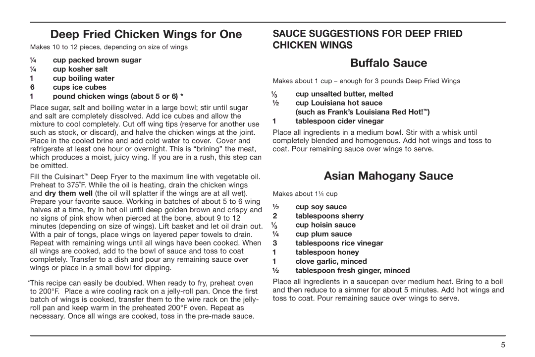 Cuisinart CDF-100 manual Deep Fried Chicken Wings for One, Buffalo Sauce, Asian Mahogany Sauce 