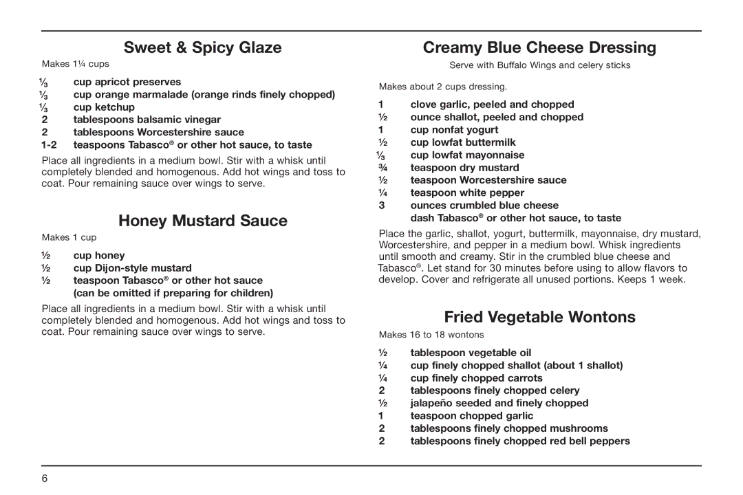 Cuisinart CDF-100 manual Sweet & Spicy Glaze, Honey Mustard Sauce, Creamy Blue Cheese Dressing, Fried Vegetable Wontons 