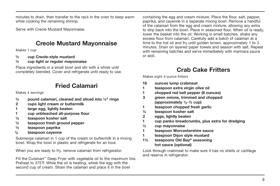 Cuisinart CDF-100 manual Creole Mustard Mayonnaise, Crab Cake Fritters, Fried Calamari 