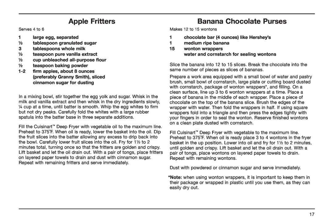 Cuisinart CDF-100 manual Apple Fritters, Banana Chocolate Purses, large egg, separated ½ tablespoon granulated sugar 