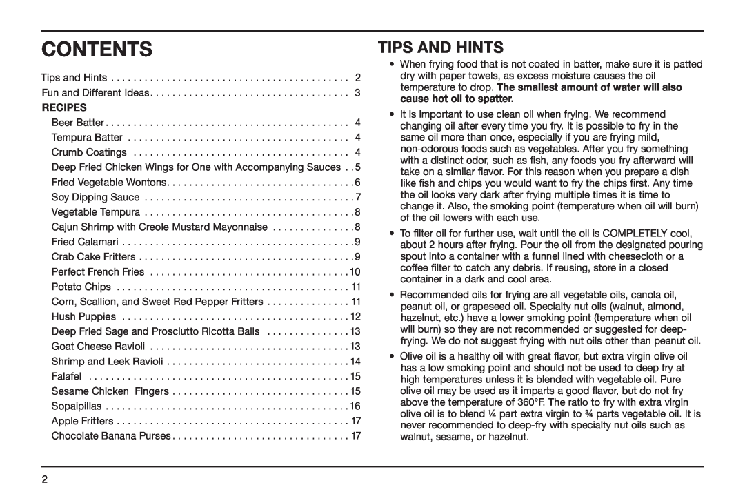Cuisinart CDF-100 manual Tips And Hints, Recipes, Contents 