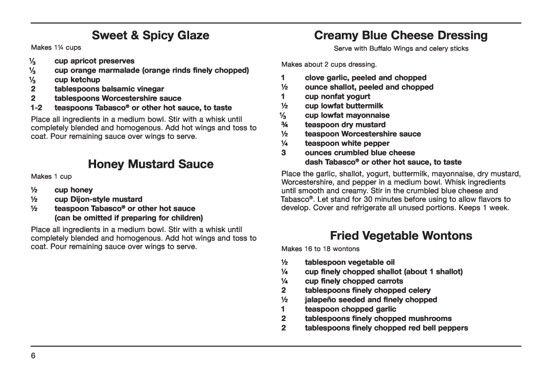 Cuisinart CDF-100 manual Sweet & Spicy Glaze, Honey Mustard Sauce, Creamy Blue Cheese Dressing, Fried Vegetable Wontons 