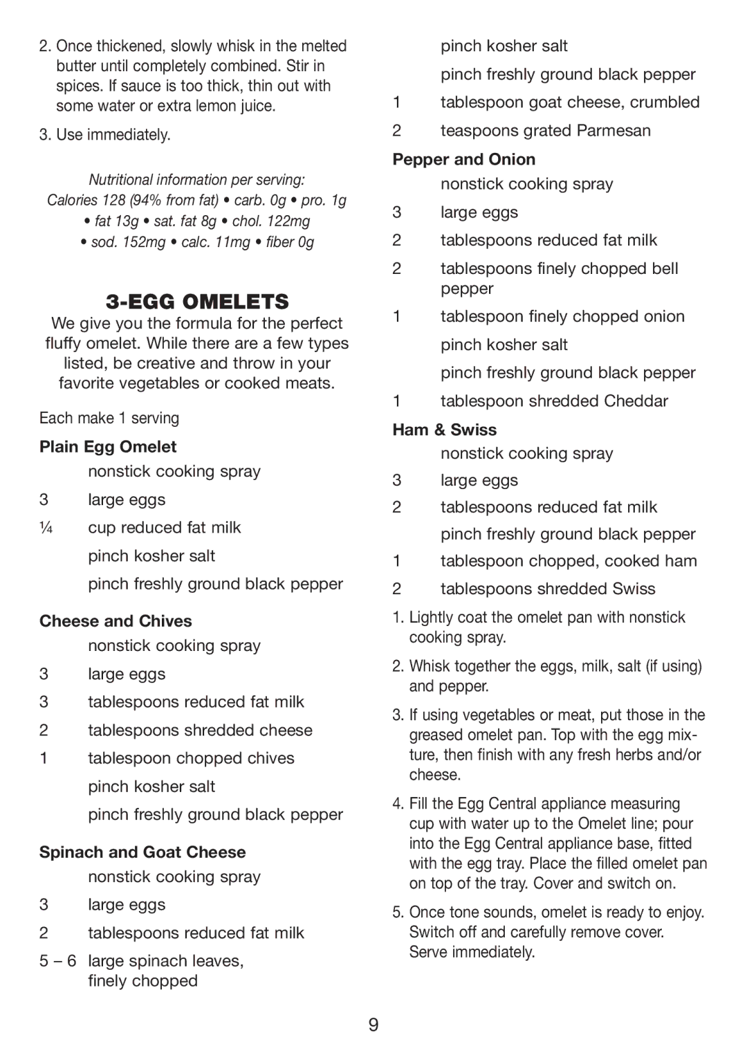 Cuisinart CEC-10 manual Egg Omelets, Use immediately, Each make 1 serving 