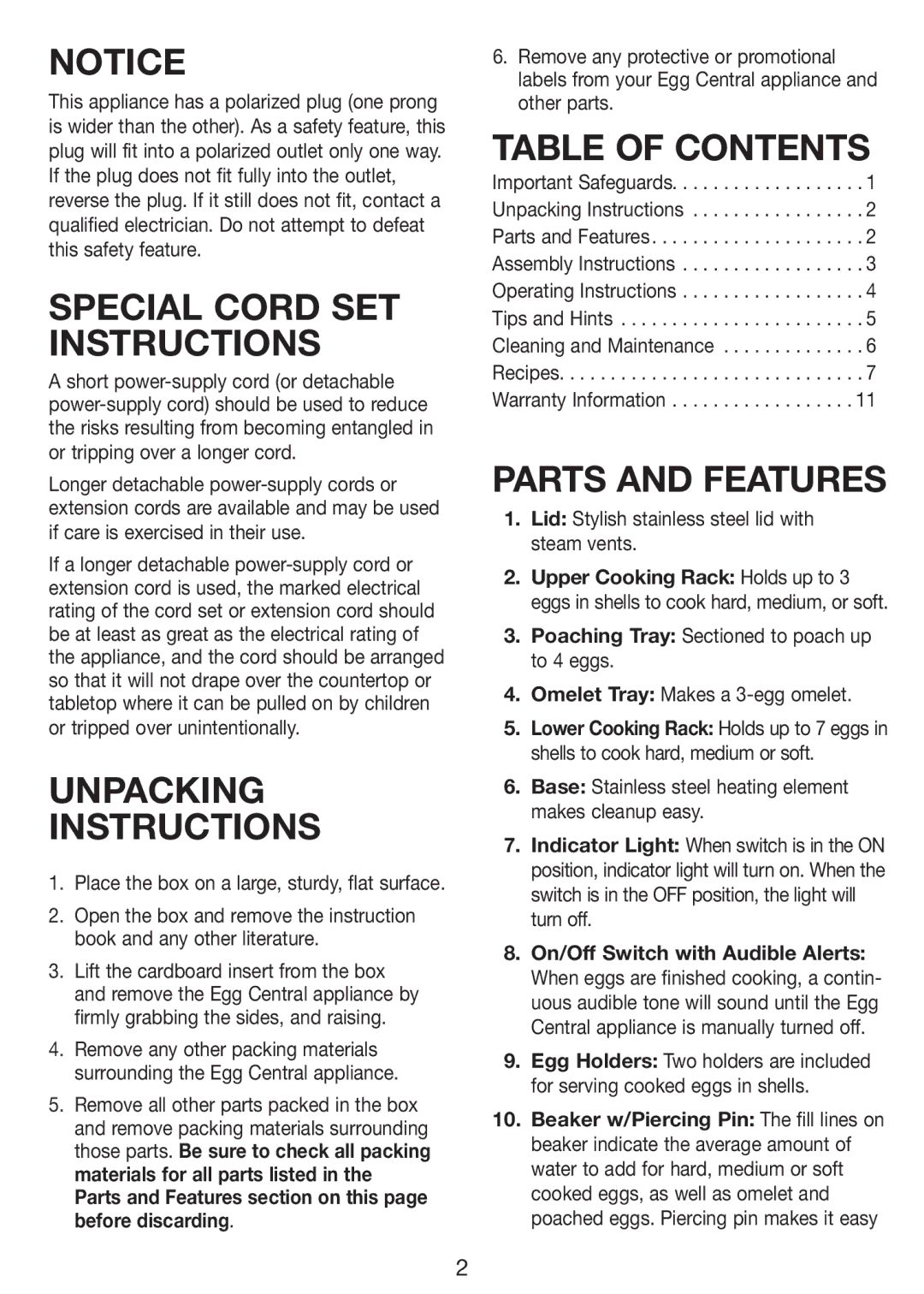 Cuisinart CEC-10 manual Special Cord SET Instructions, Unpacking Instructions, Table of Contents, Parts and Features 