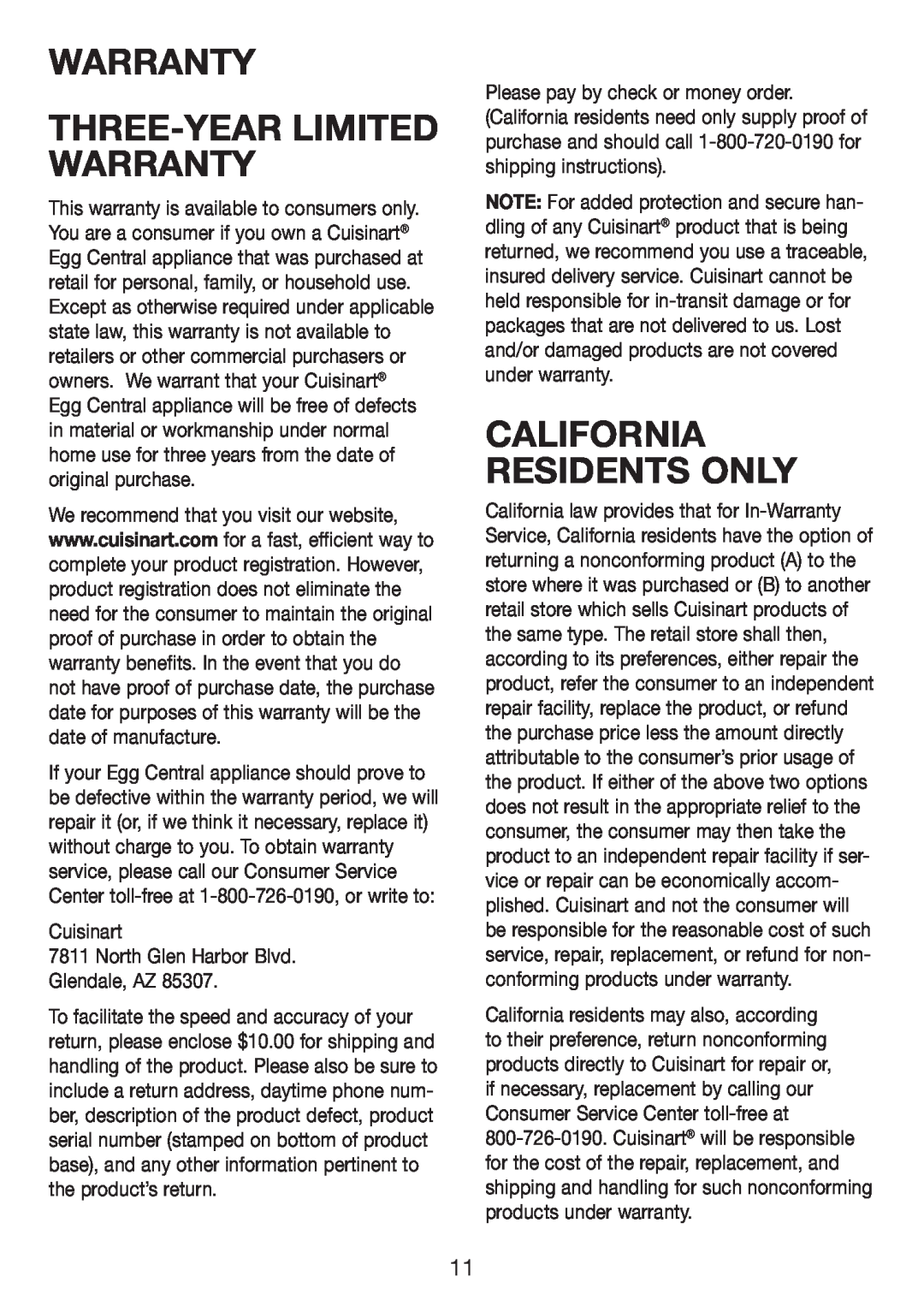 Cuisinart CEC-10 manual WARRANTY Three-Year Limited Warranty, California Residents Only 