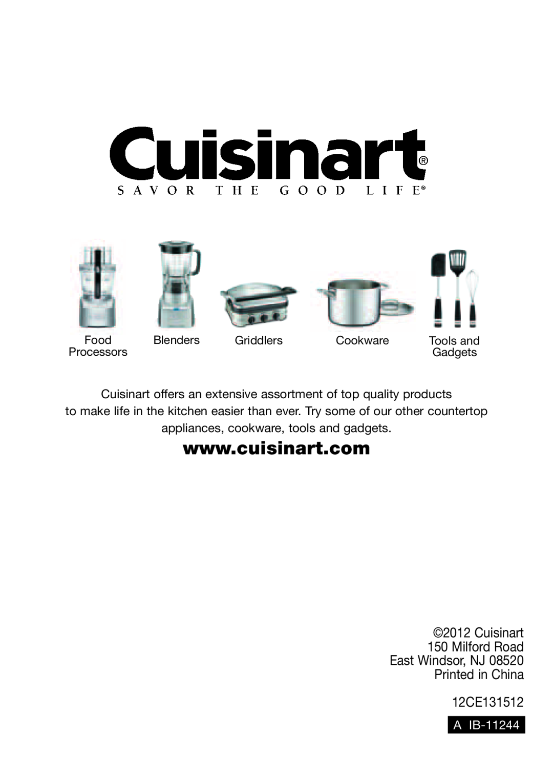 Cuisinart CEC-10 manual A IB-11244, Cuisinart 150 Milford Road East Windsor, NJ Printed in China, 12CE131512 