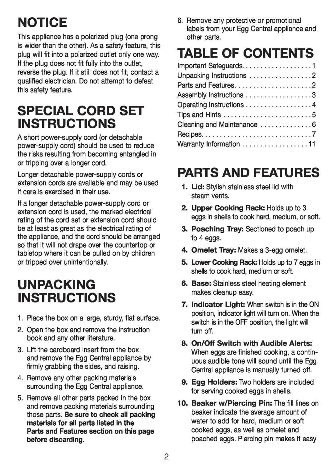 Cuisinart CEC-10 manual Special Cord Set Instructions, Unpacking Instructions, Table Of Contents, Parts And Features 