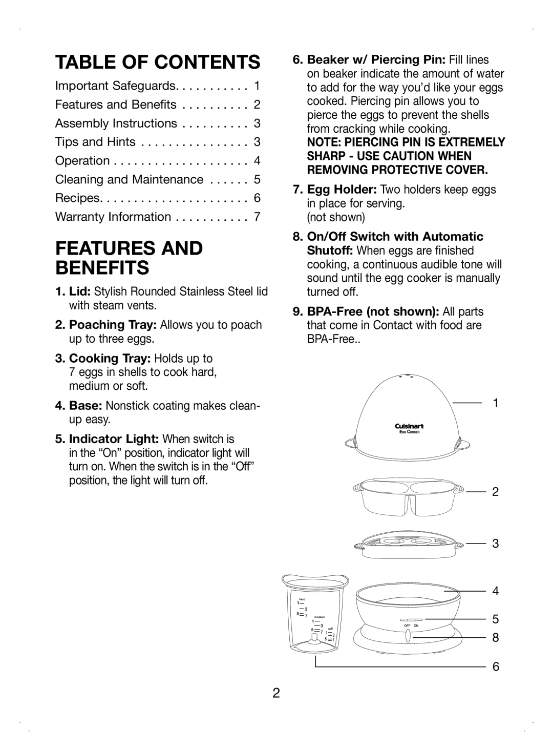 Cuisinart CEC-7 manual Table of Contents, Features Benefits 