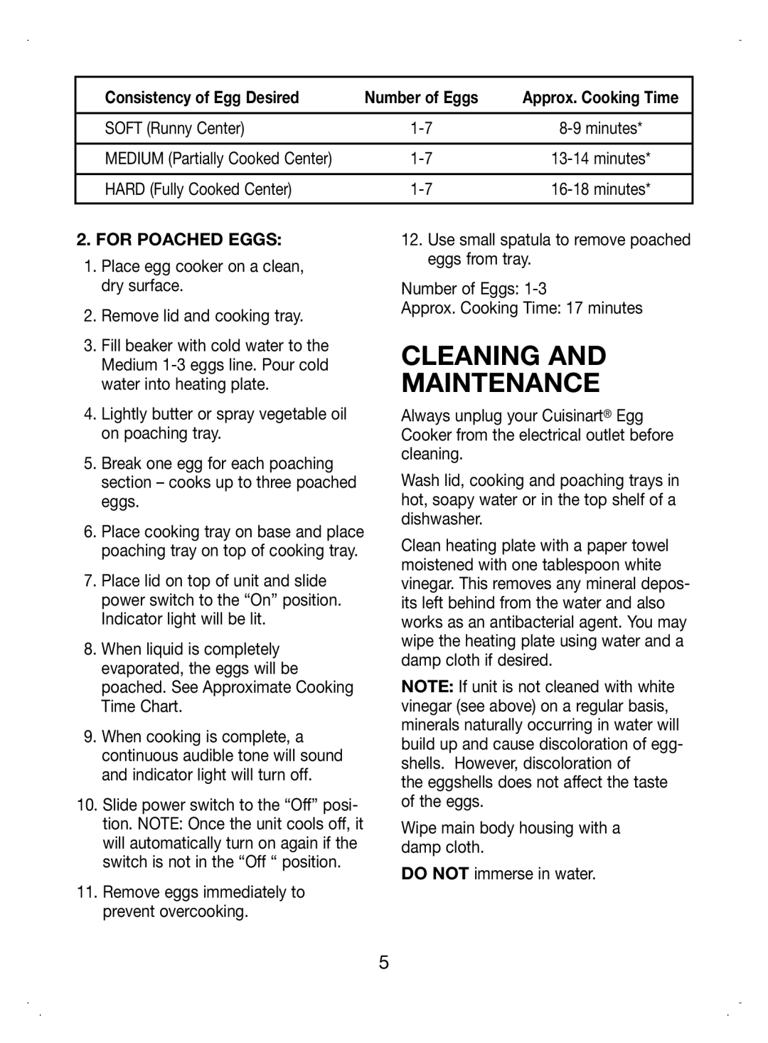 Cuisinart CEC-7 manual Cleaning Maintenance, Consistency of Egg Desired Number of Eggs, Soft Runny Center, For Poached Eggs 