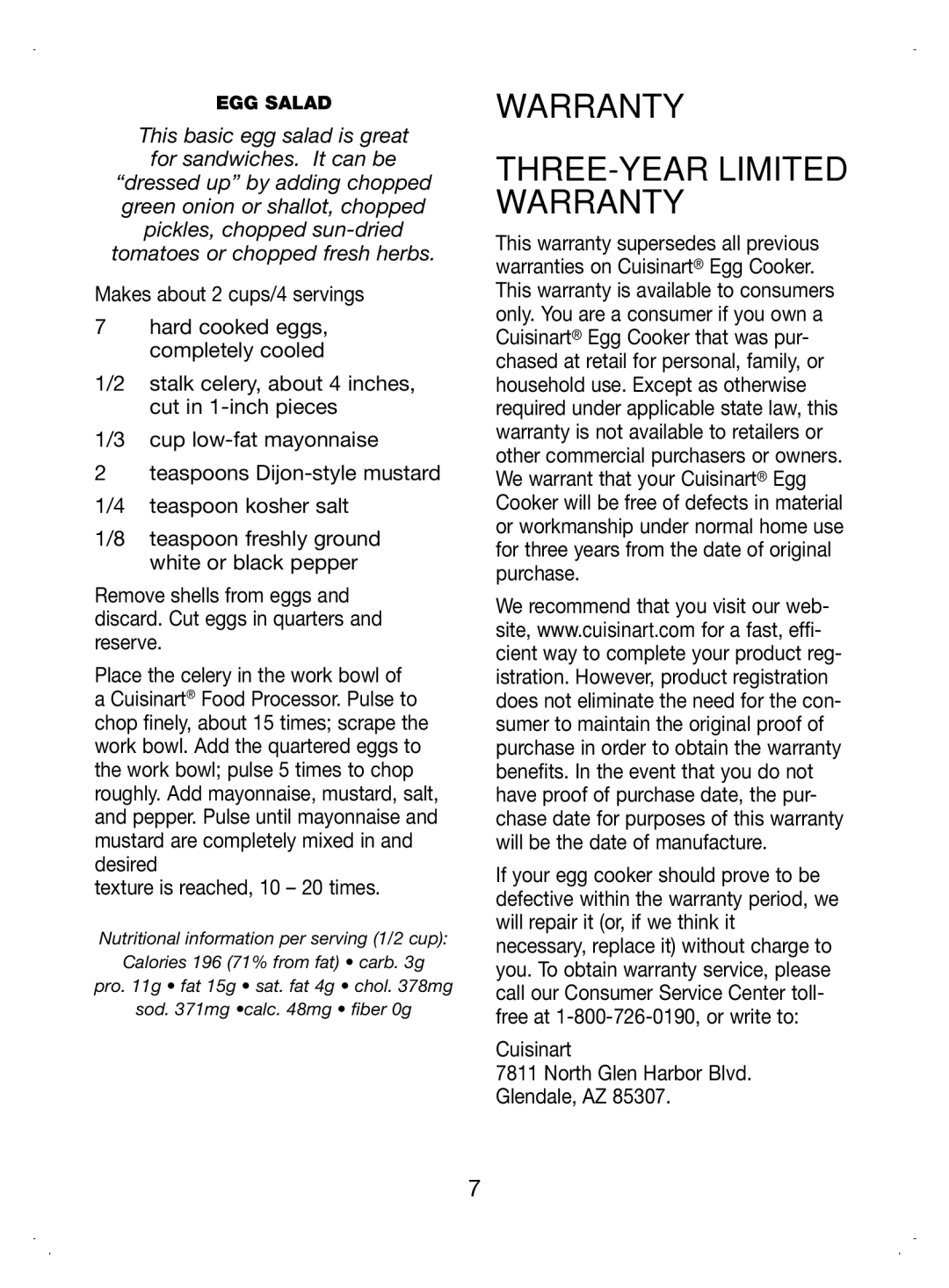 Cuisinart CEC-7 manual Three-Year Limited Warranty, Texture is reached, 10 20 times 