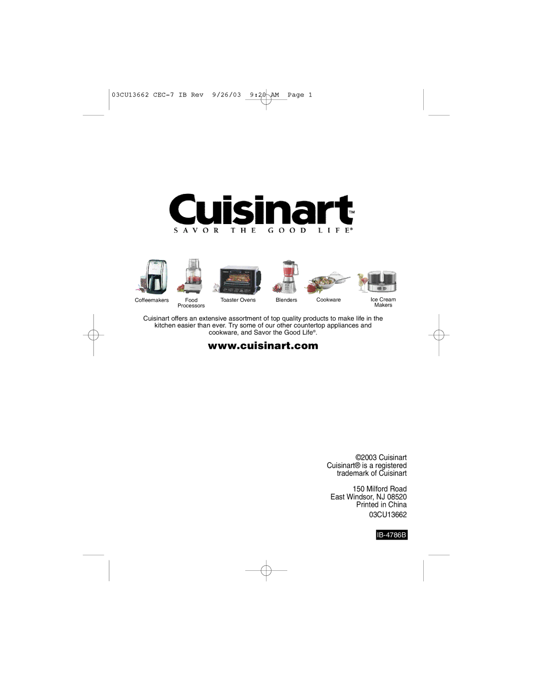 Cuisinart CEC-7 manual Milford Road East Windsor, NJ 03CU13662 