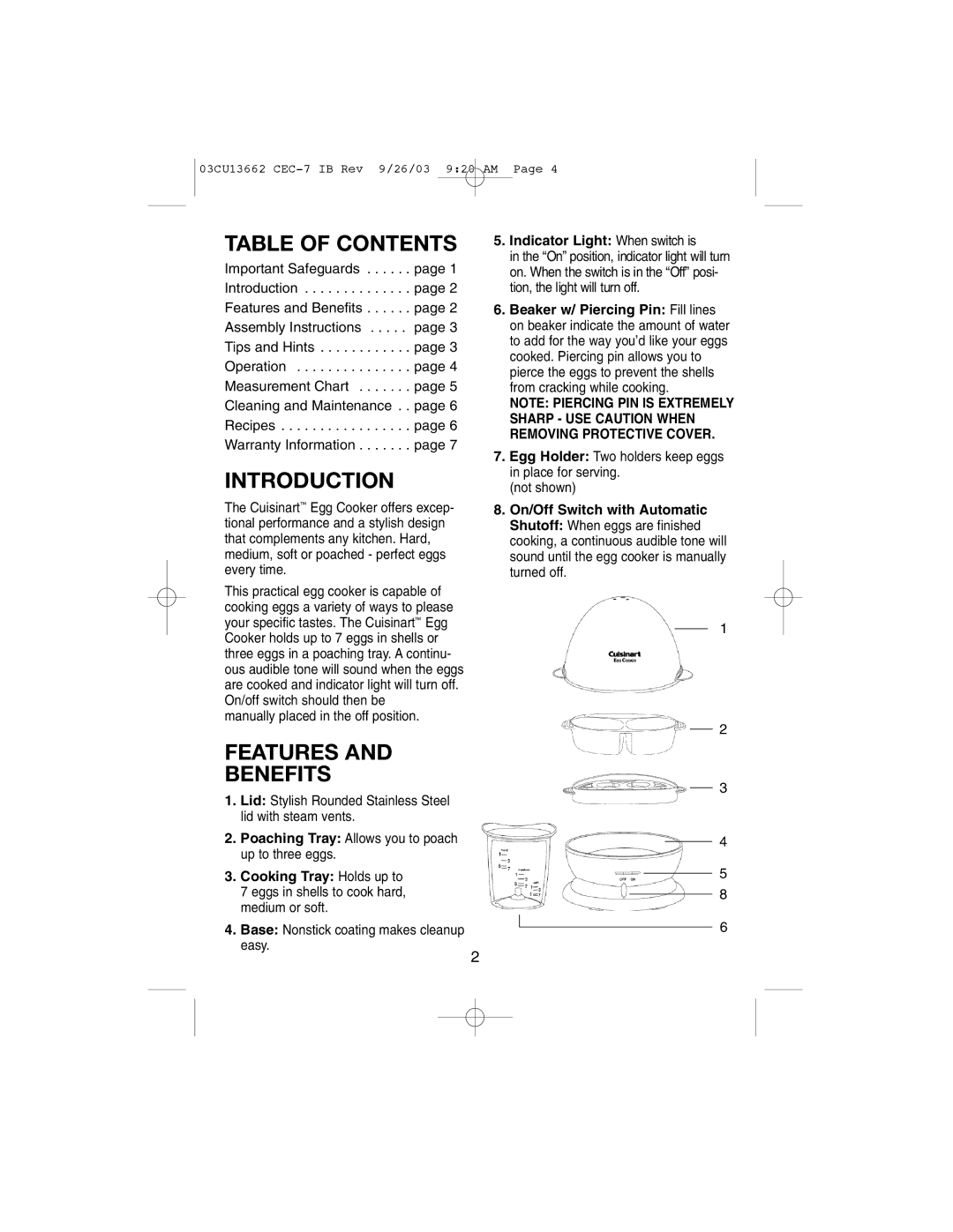 Cuisinart CEC-7 manual Table of Contents, Introduction, Features Benefits 