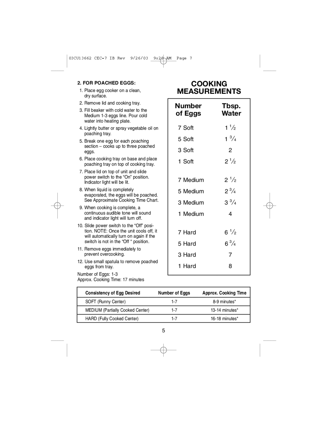 Cuisinart CEC-7 manual Cooking Measurements, For Poached Eggs, Consistency of Egg Desired 