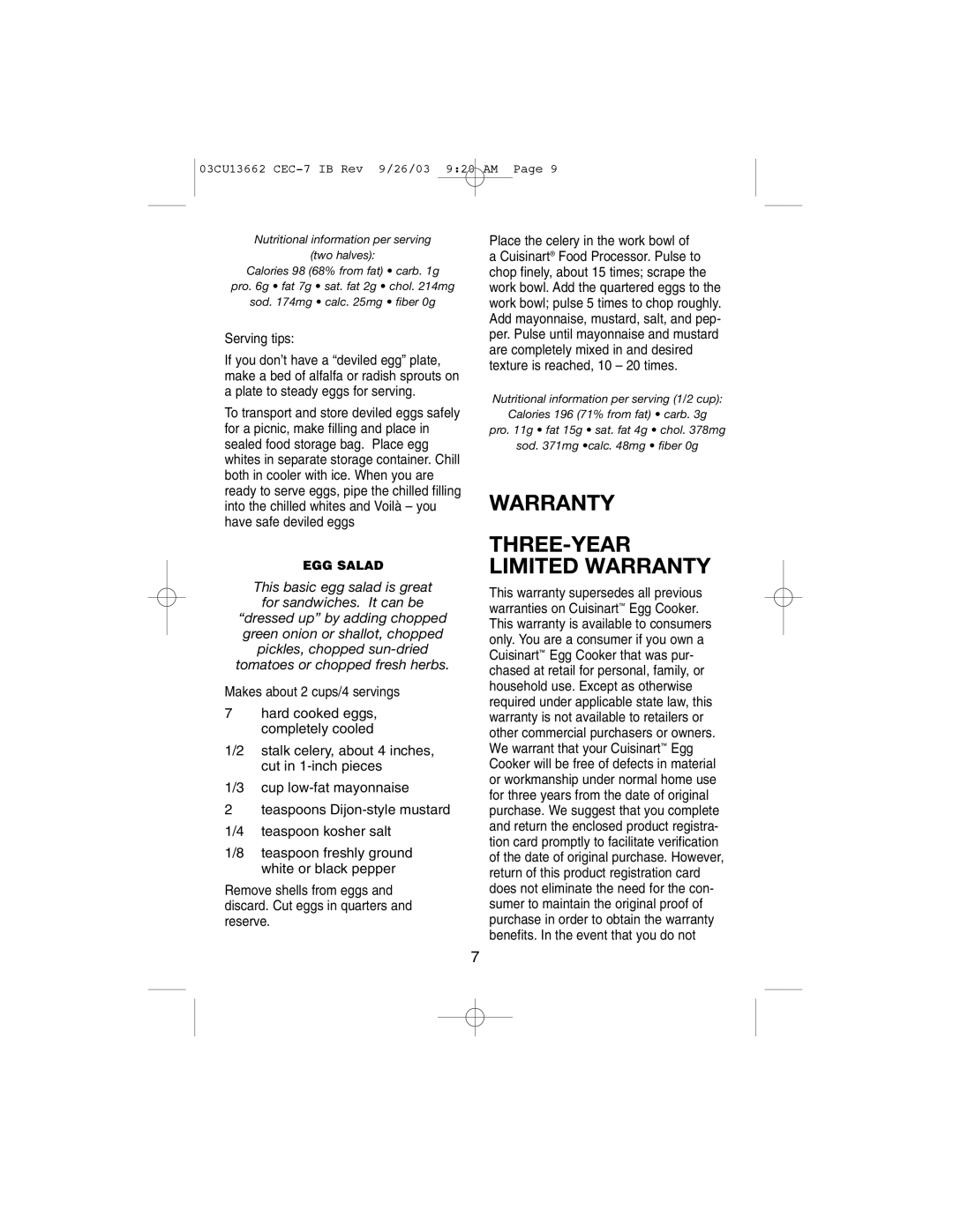 Cuisinart CEC-7 manual THREE-YEAR Limited Warranty 