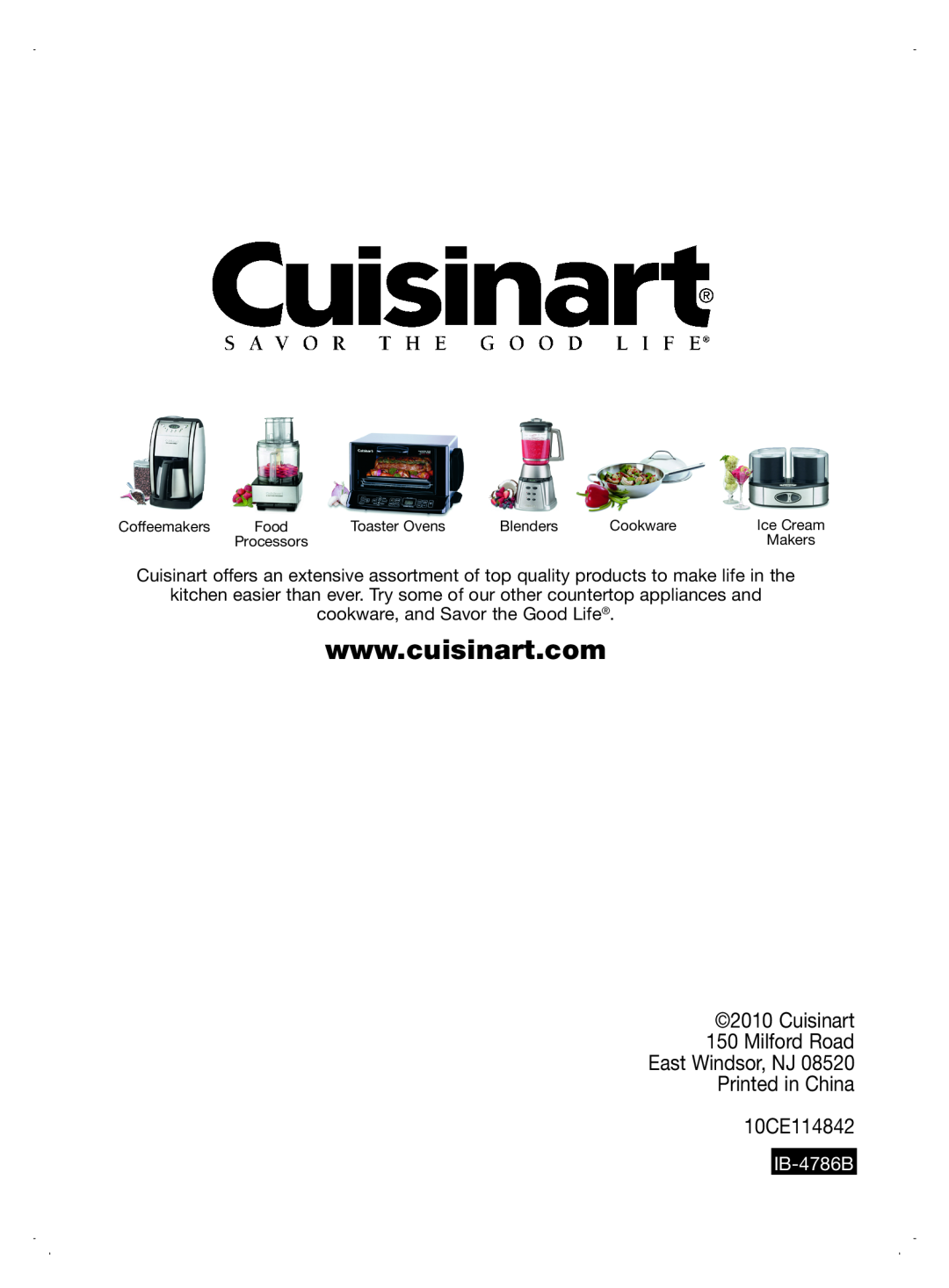Cuisinart CEC-7 manual Cuisinart 150 Milford Road East Windsor, NJ Printed in China, 10CE114842, IB-4786B 