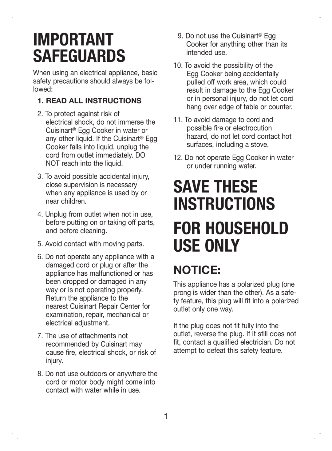 Cuisinart CEC-7 manual Safeguards, Save These Instructions, For Household Use Only 