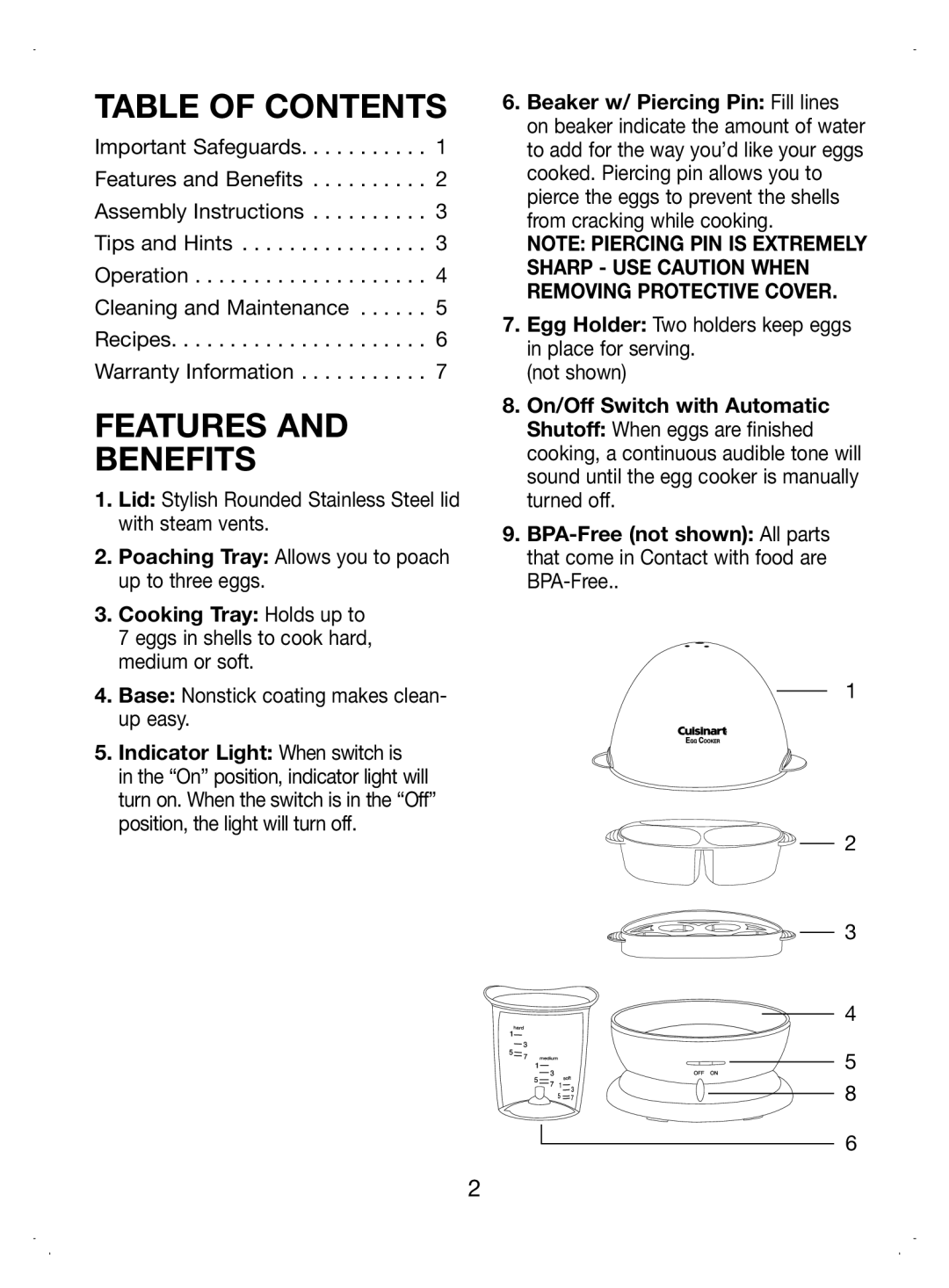 Cuisinart CEC-7 manual Table Of Contents, Features And Benefits 