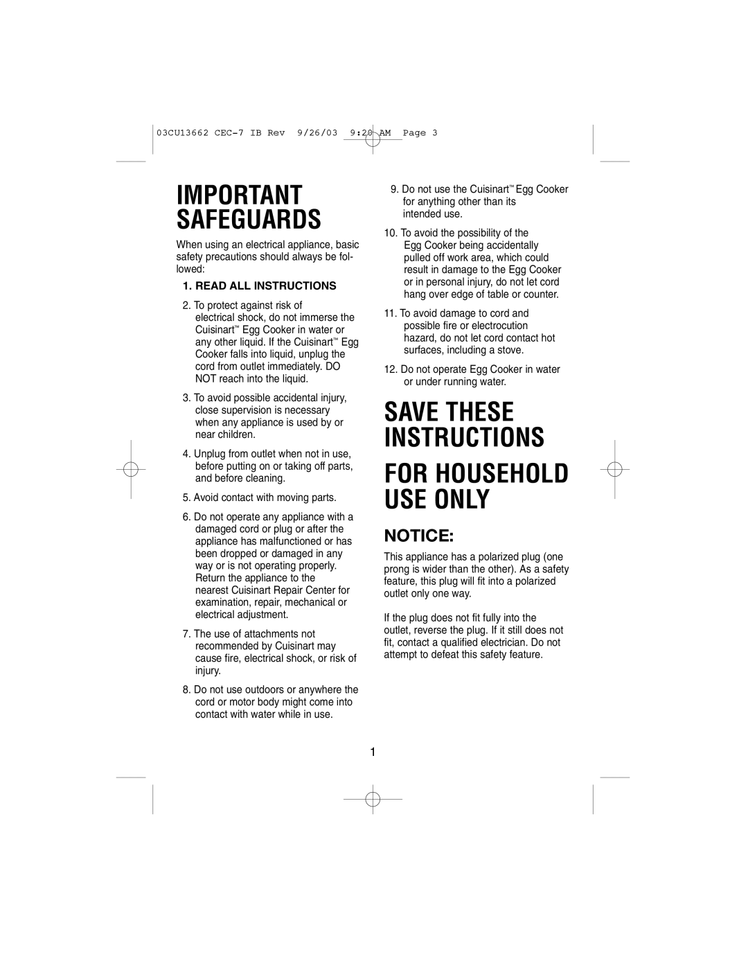 Cuisinart CEC-7 manual Important Safeguards, For Household Use Only, Save These Instructions, Read All Instructions 