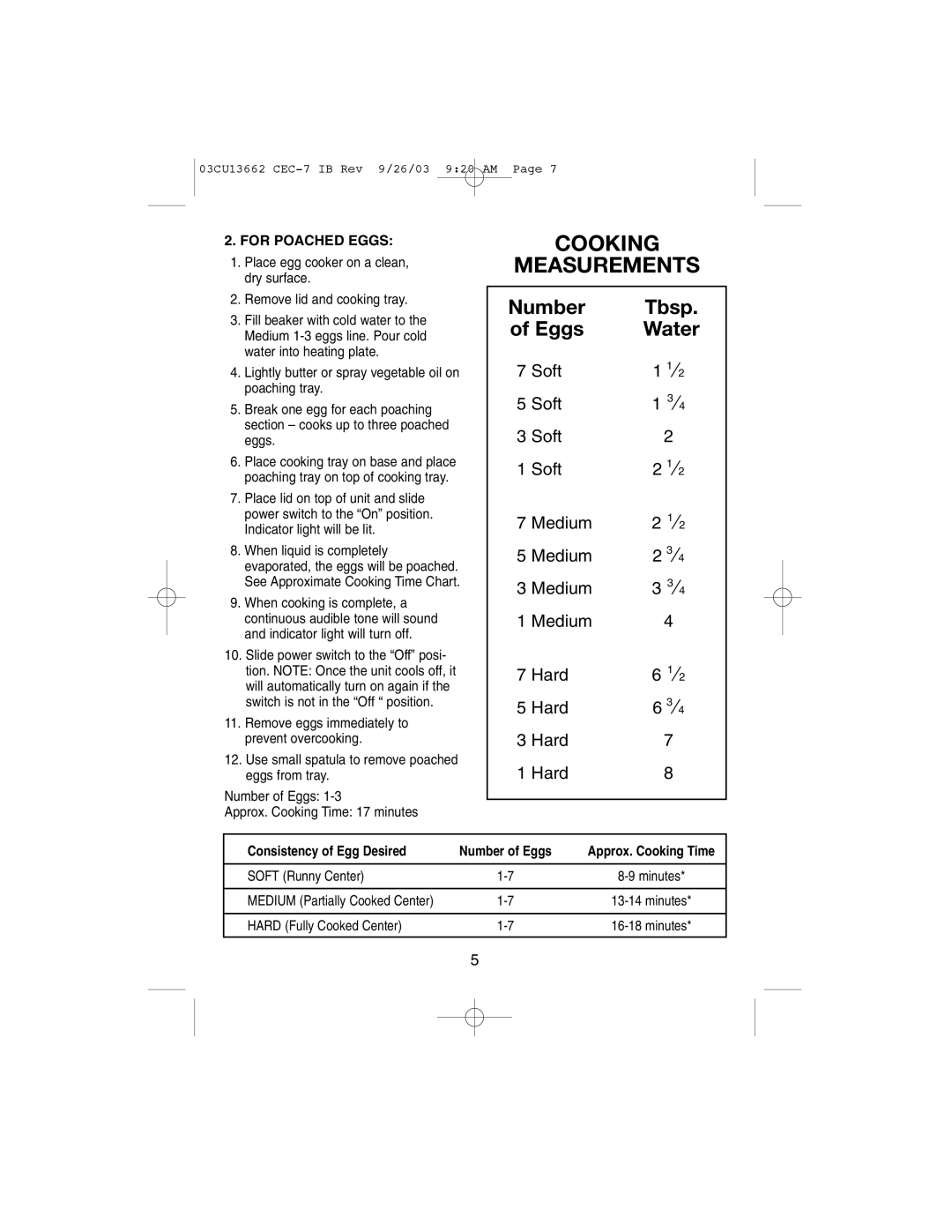 Cuisinart CEC-7 manual Cooking Measurements, Number, Tbsp, of Eggs, Water 