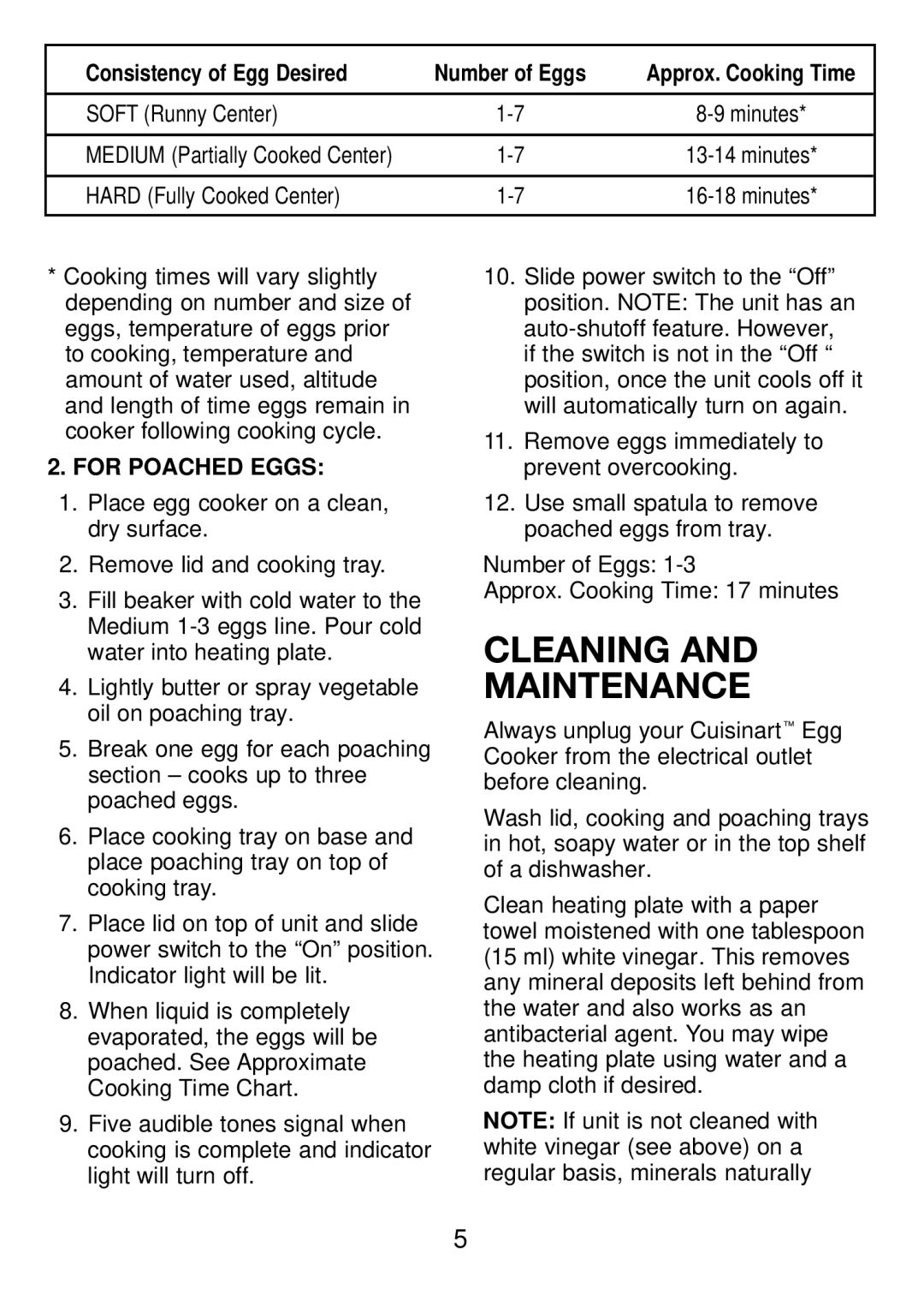 Cuisinart CEC-7C manual Cleaning Maintenance, Consistency of Egg Desired, For Poached Eggs 