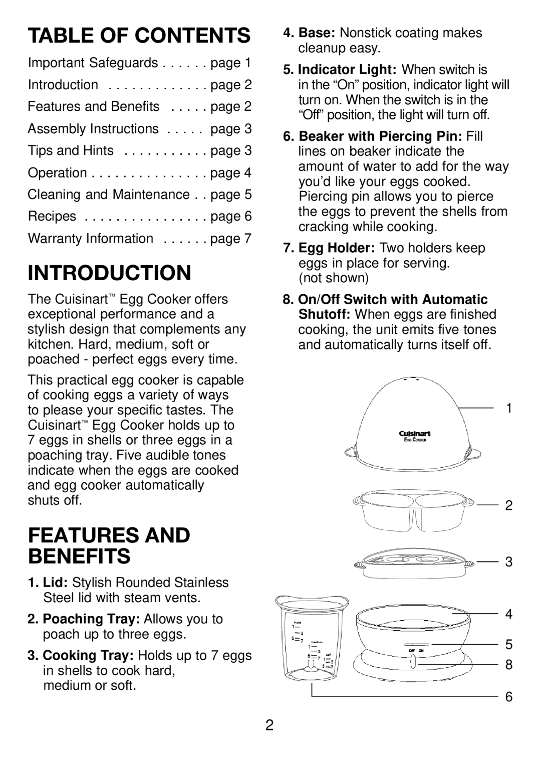 Cuisinart CEC-7C manual Table Of Contents, Introduction, Features And Benefits, Indicator Light When switch is 