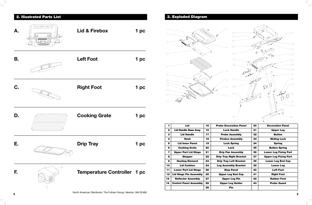 Cuisinart CEG-980 Lid & Firebox Left Foot Right Foot Cooking Grate Drip Tray, Illustrated Parts List, Exploded Diagram 