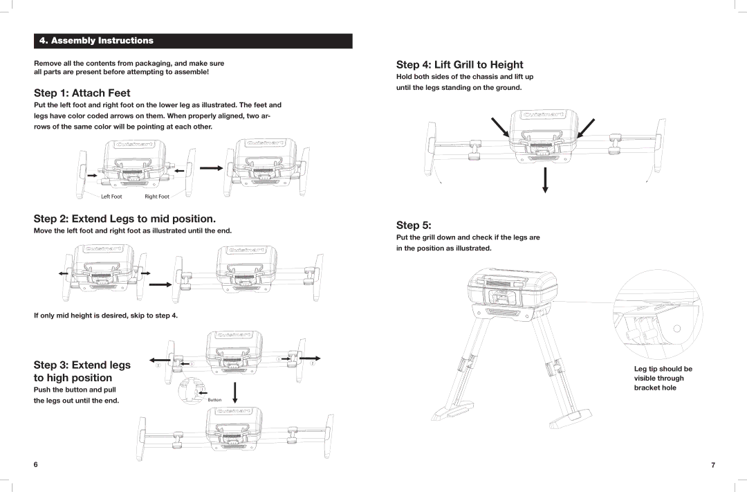 Cuisinart CEG-980 manual Attach Feet, Extend Legs to mid position, Extend legs to high position, Lift Grill to Height, Step 