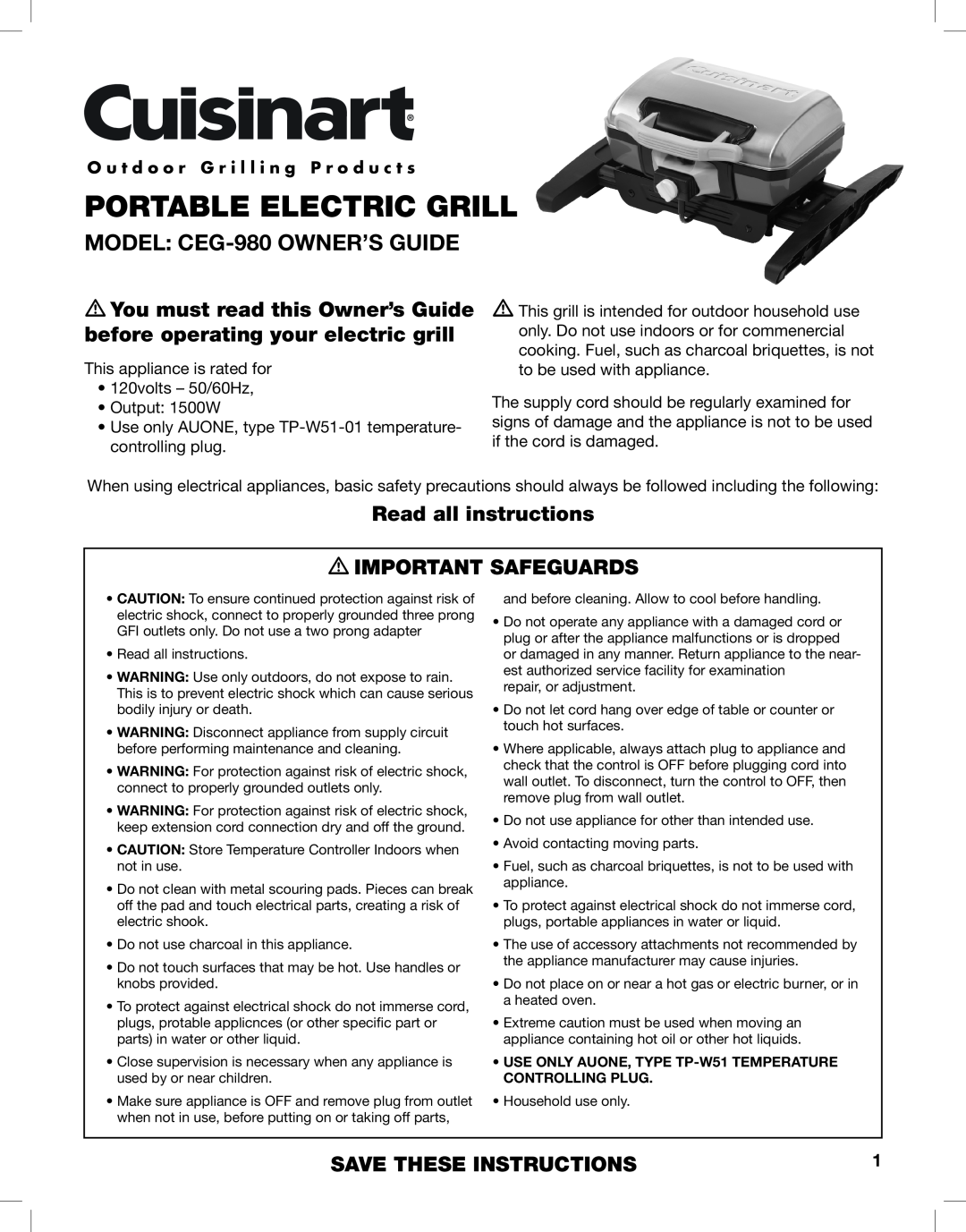 Cuisinart manual Portable Electric Grill, MODEL CEG-980 OWNER’S GUIDE, Read all instructions m IMPORTANT SAFEGUARDS 