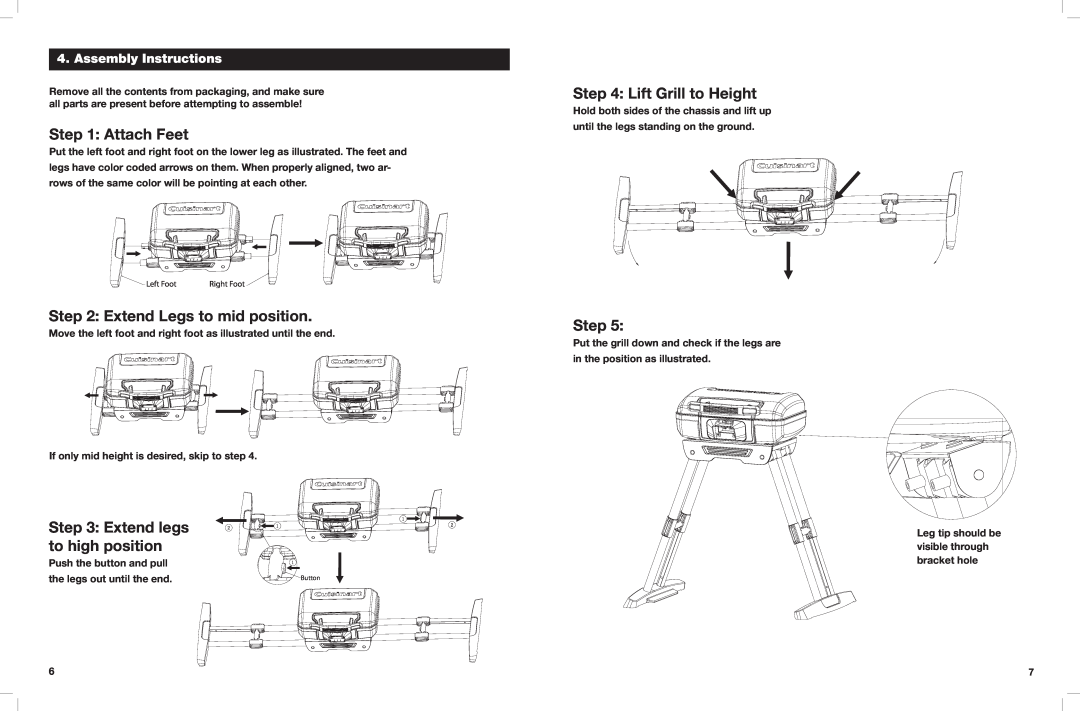 Cuisinart CEG-980 manual Attach Feet, Extend Legs to mid position, Extend legs to high position, Lift Grill to Height, Step 