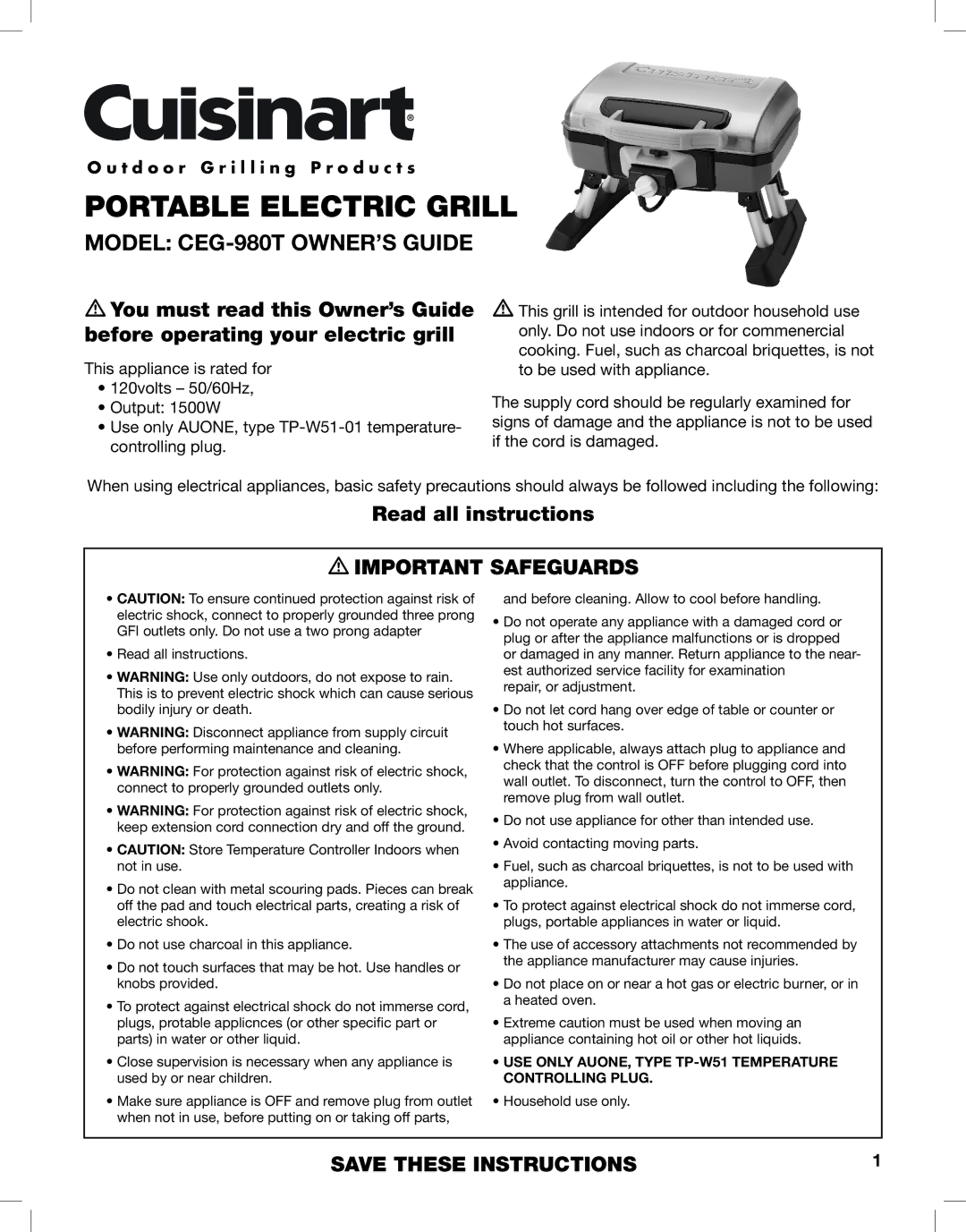 Cuisinart CEG-980T manual Portable Electric Grill 