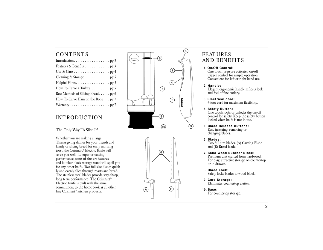 Cuisinart CEK-40 manual Contents, Features Benefits, Introduction 