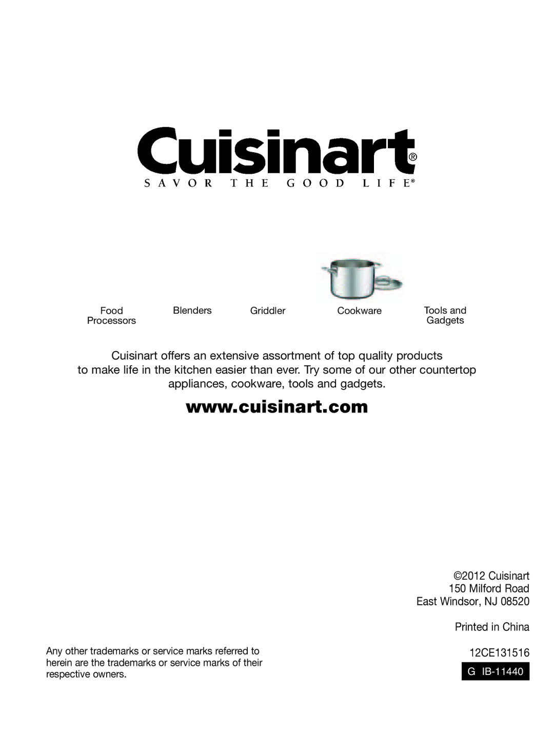 Cuisinart CFO-1000 manual Cuisinart Milford Road East Windsor, NJ 12CE131516 