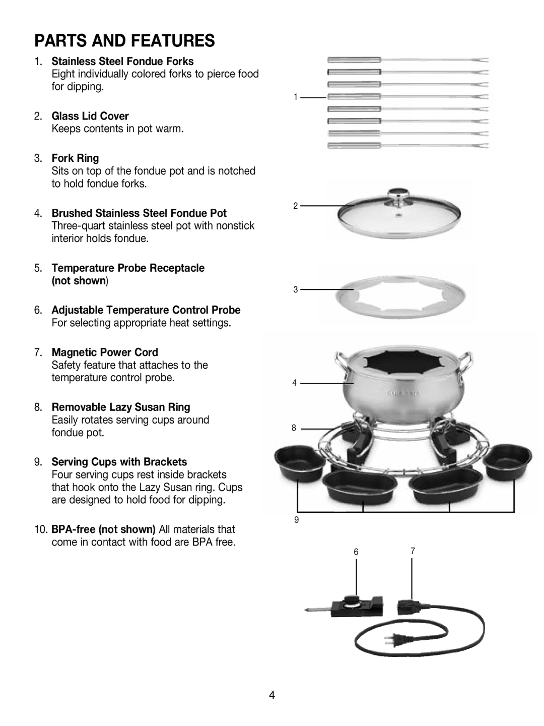 Cuisinart CFO-1000 manual Parts and Features, Eight individually colored forks to pierce food for dipping 