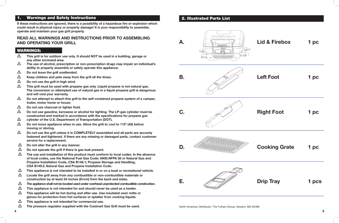 Cuisinart CGG-180 operating instructions Lid & Firebox Left Foot Right Foot Cooking Grate Drip Tray, Illustrated Parts List 