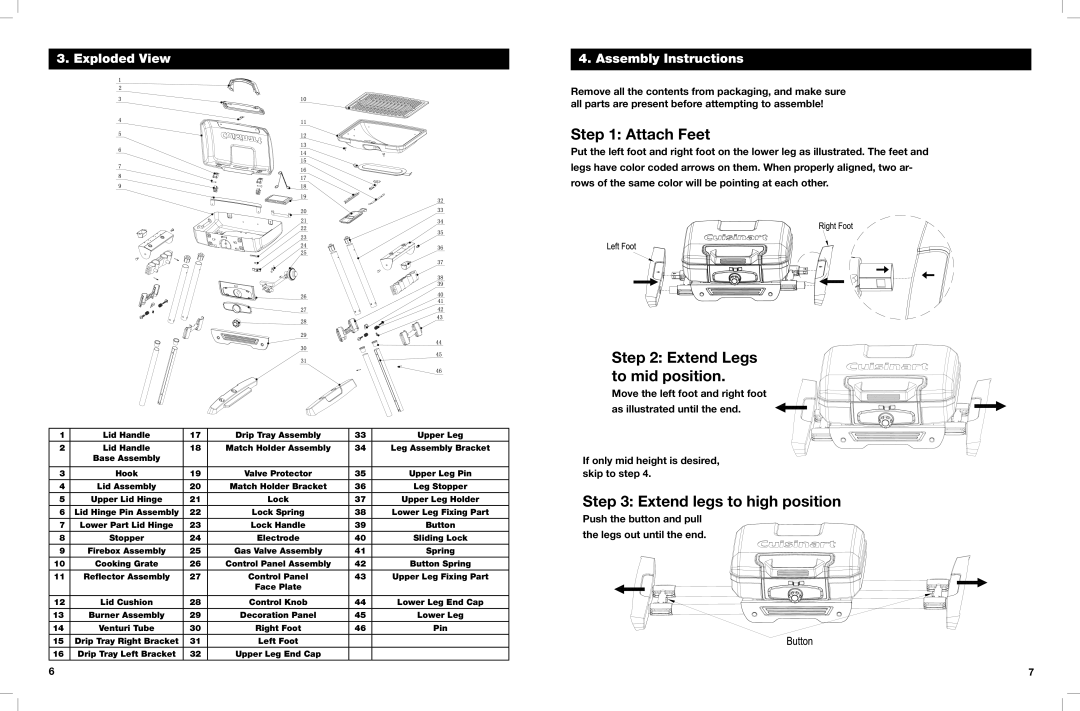 Cuisinart CGG-180 Exploded View, Assembly Instructions, Push the button and pull the legs out until the end 