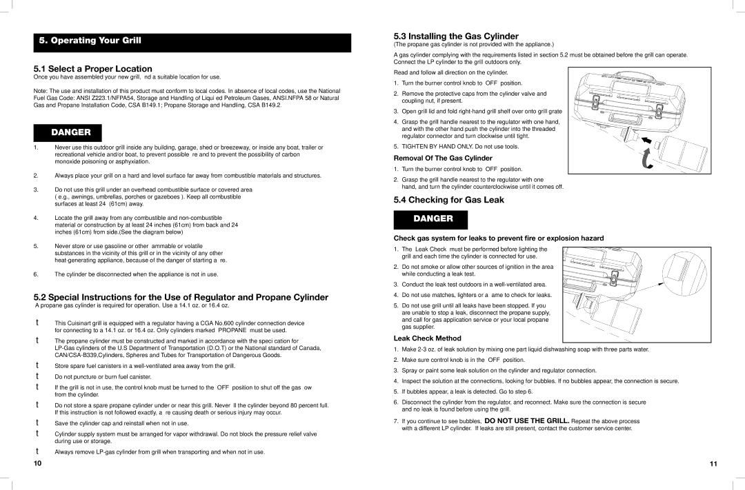 Cuisinart CGG-180 Operating Your Grill, Select a Proper Location, Installing the Gas Cylinder, Checking for Gas Leak 