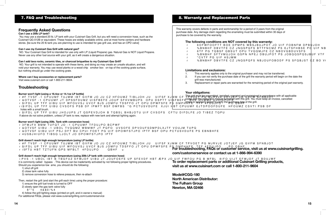 Cuisinart CGG-180 FAQ and Troubleshooting, Frequently Asked Questions, Warranty and Replacement Parts 