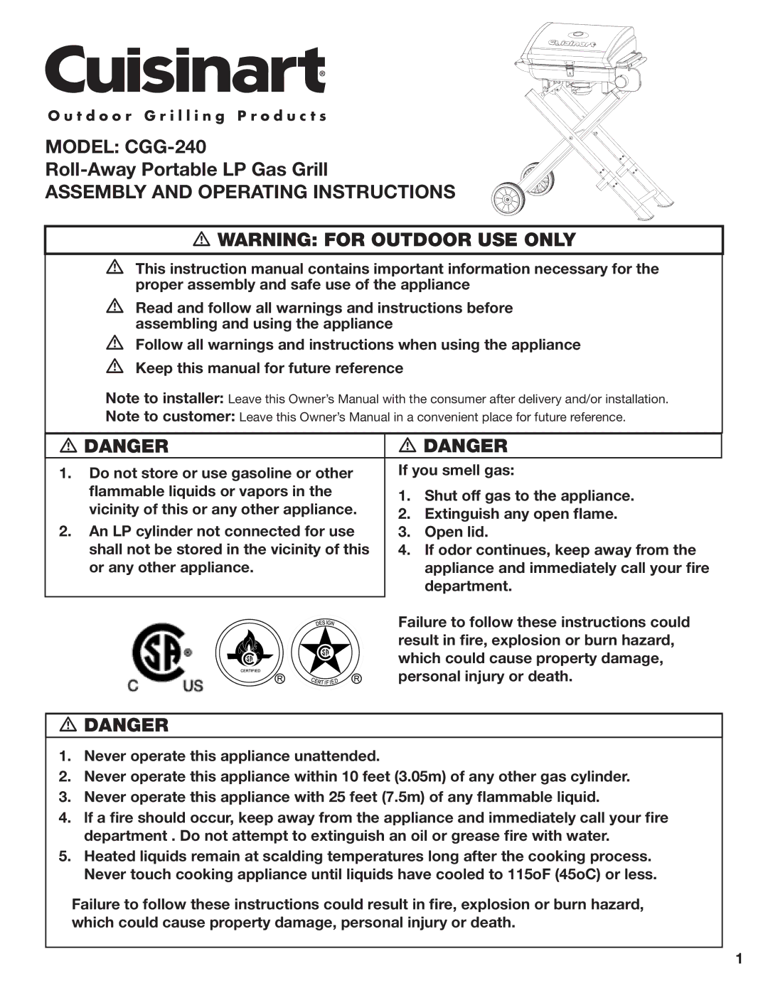 Cuisinart CGG-240 operating instructions Roll-Away Portable LP Gas Grill, Assembly and Operating Instructions 