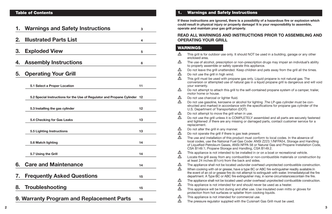 Cuisinart CGG-240 operating instructions Table of Contents, Select a Proper Location 