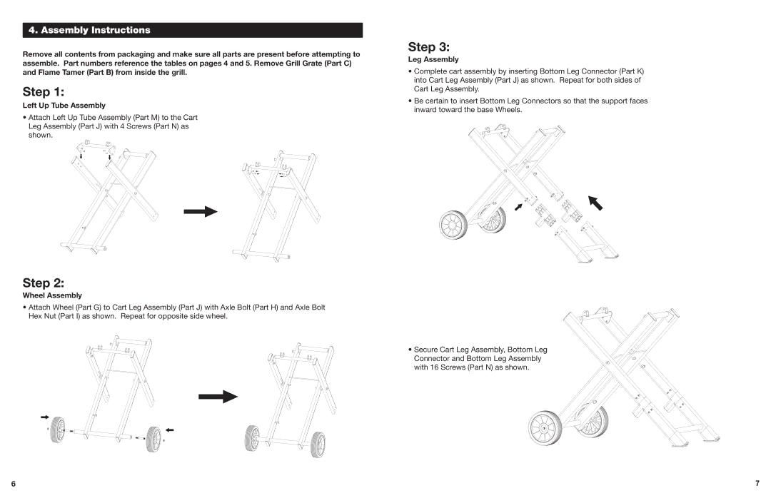 Cuisinart CGG-240 operating instructions Assembly Instructions, Left Up Tube Assembly, Wheel Assembly, Leg Assembly 