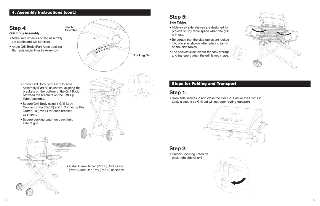 Cuisinart CGG-240 operating instructions Steps for Folding and Transport, Side Tables, Grill Body Assembly 