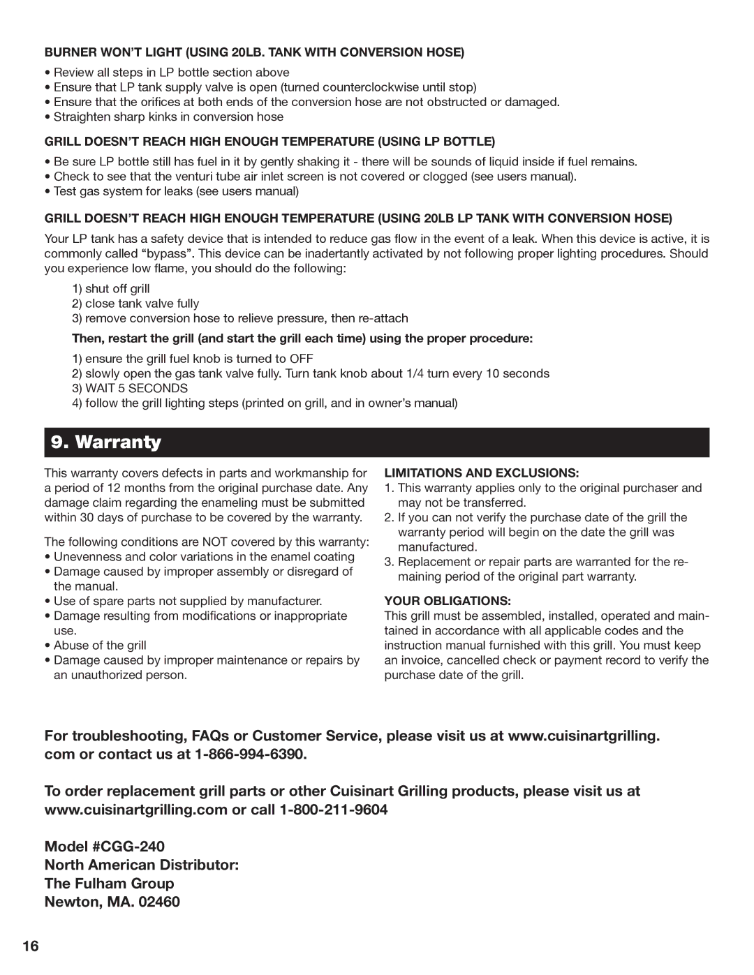 Cuisinart CGG-240 Warranty, Burner WON’T Light Using 20LB. Tank with Conversion Hose, Limitations and Exclusions 