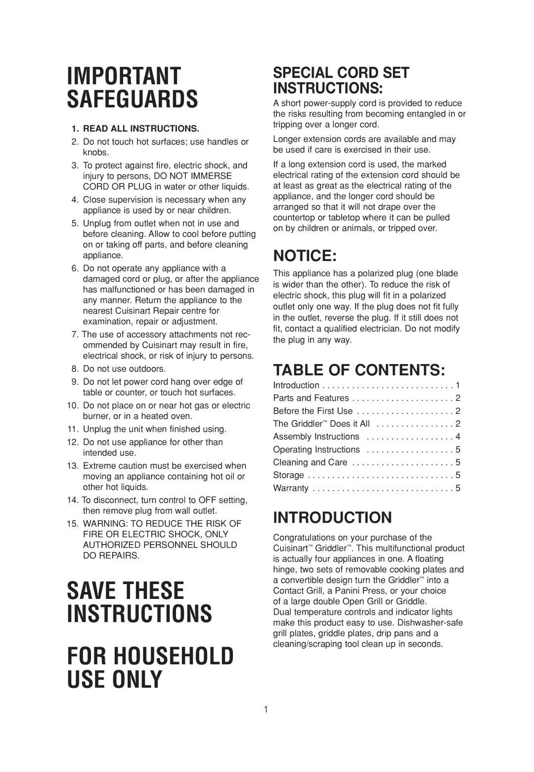 Cuisinart CGR-4C manual Special Cord SET Instructions, Table of Contents, Introduction 