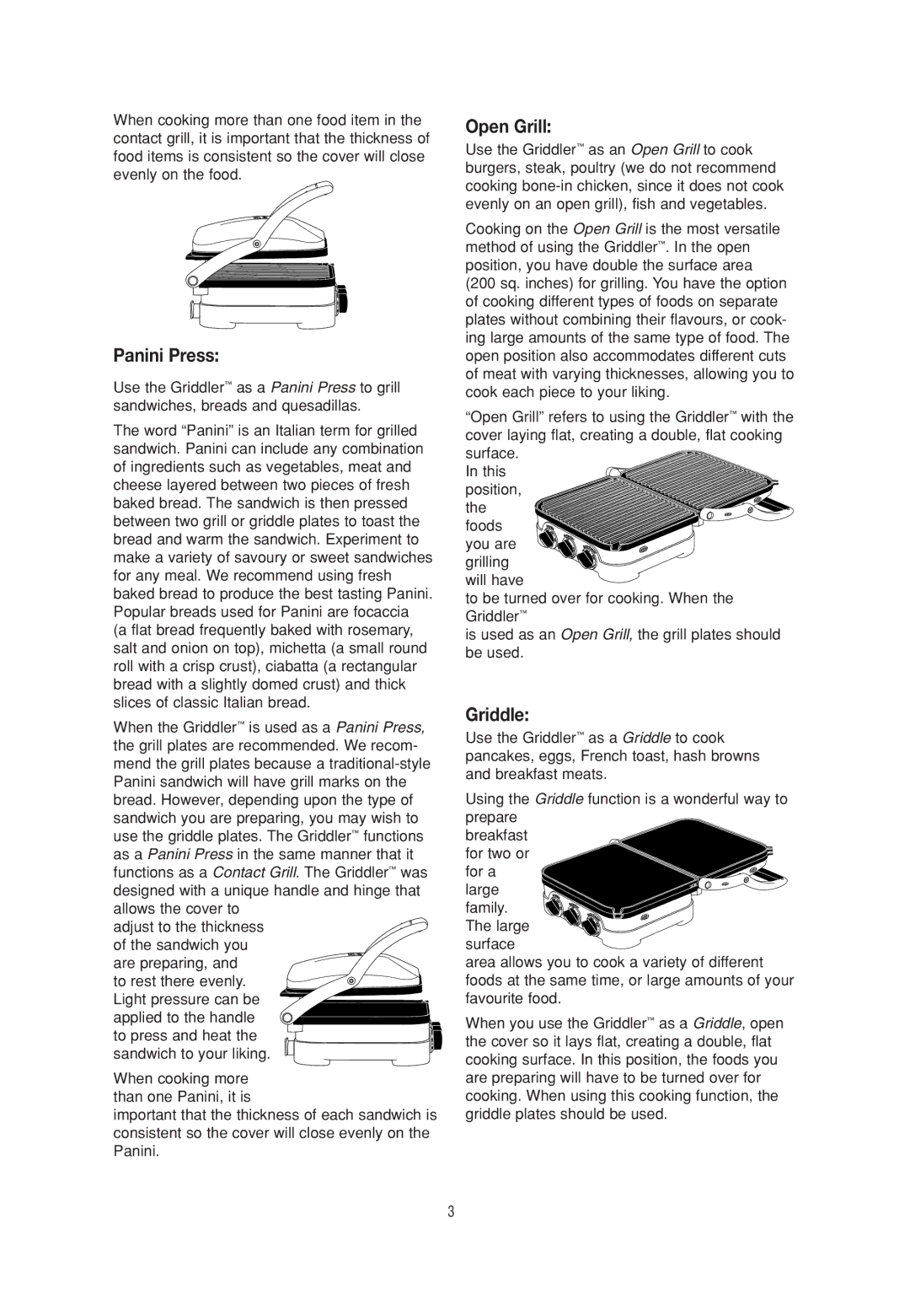 Cuisinart CGR-4C manual Panini Press, Open Grill, Griddle 