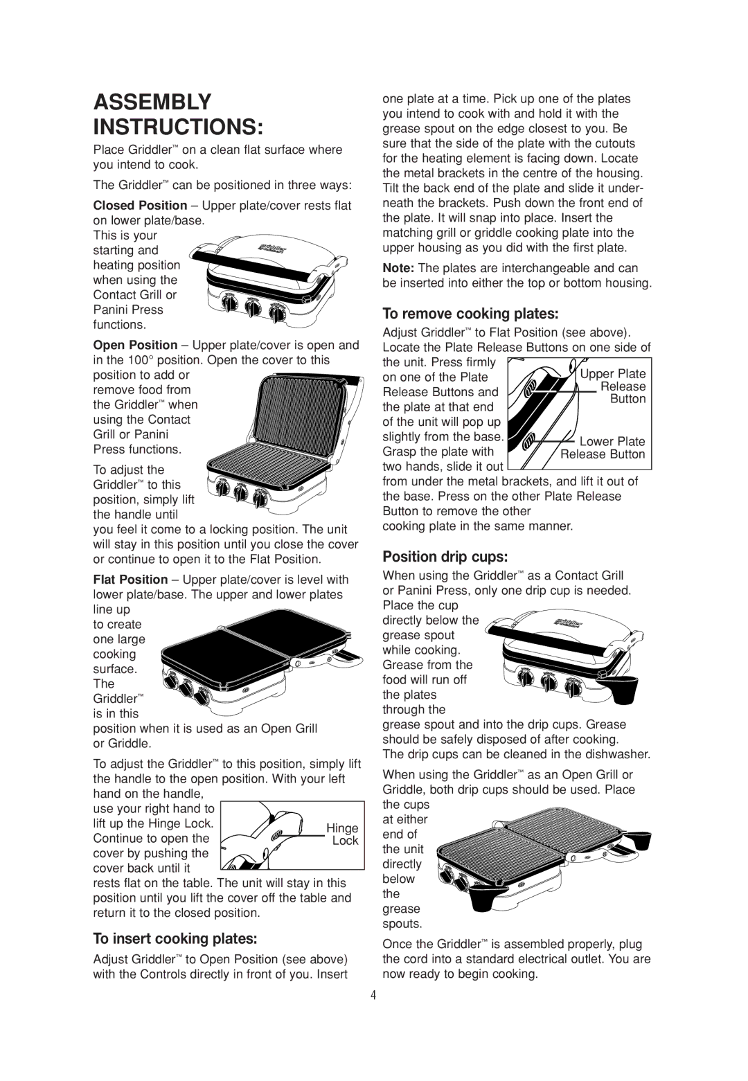 Cuisinart CGR-4C manual Assembly Instructions, To insert cooking plates, To remove cooking plates, Position drip cups 