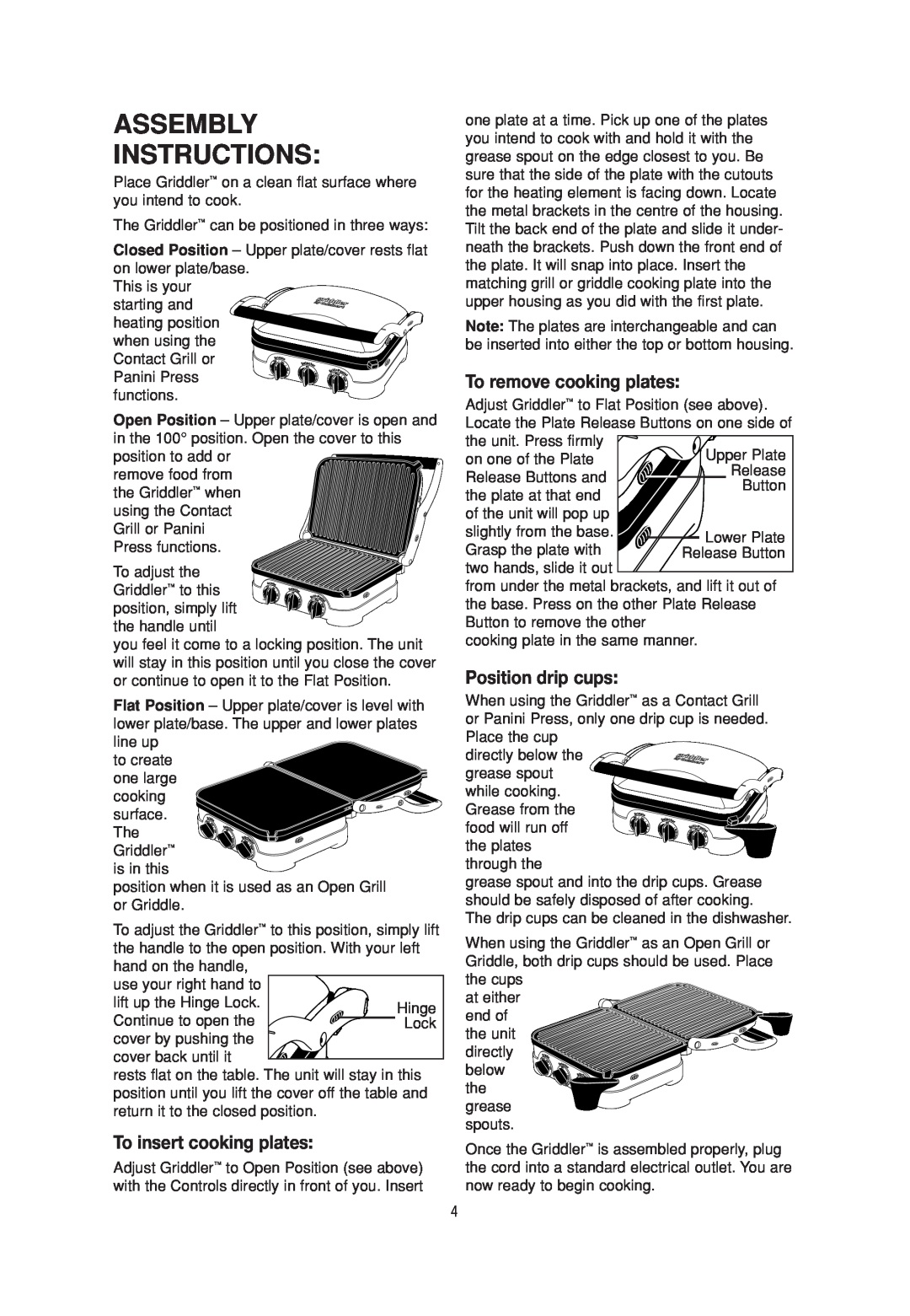 Cuisinart CGR-4C manual Assembly Instructions, To insert cooking plates, To remove cooking plates, Position drip cups 